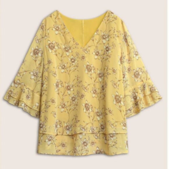 BloomChic Plus Size Daffodils Print Tiered Ruffle Sleeve Mesh Blouse - Picture 1 of 7